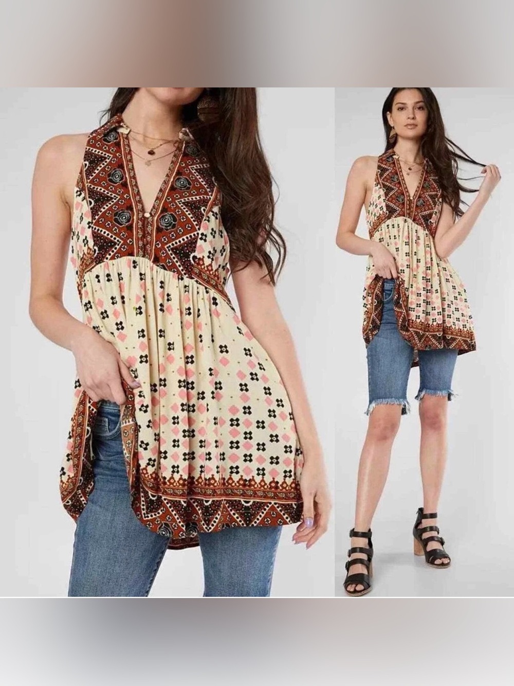 Free People Cream & Rust Patterned V-Neck Halter Tunic